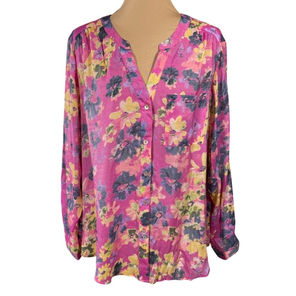New Zac & Rachel Floral Blouse Size 1X Lilac Rose Button Front Long Sleeve